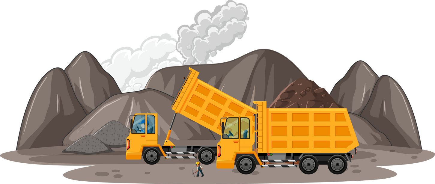 Coal mining scene with construction trucks